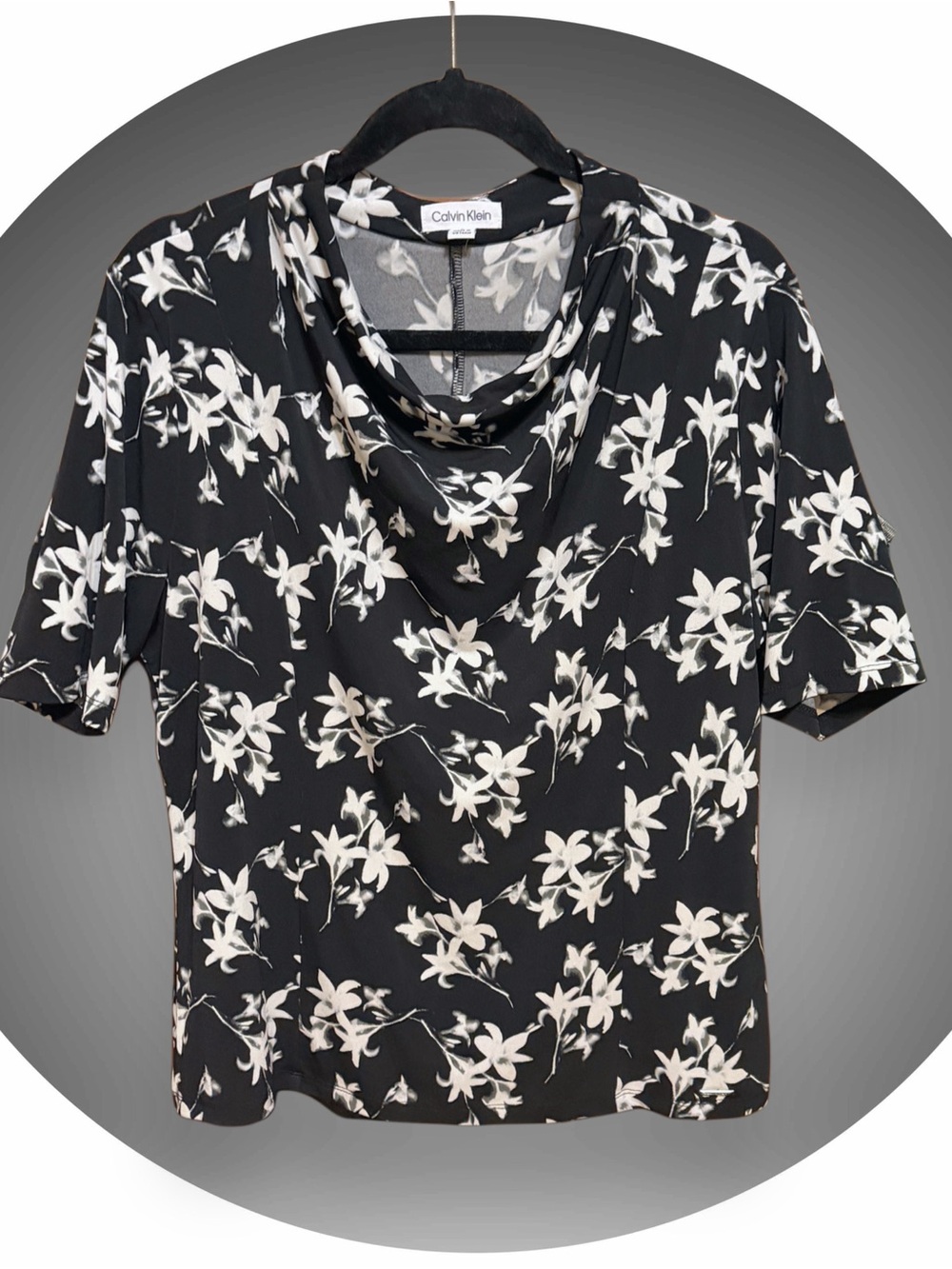 Calvin Klein Black & White Floral Draped Neck Top size Large